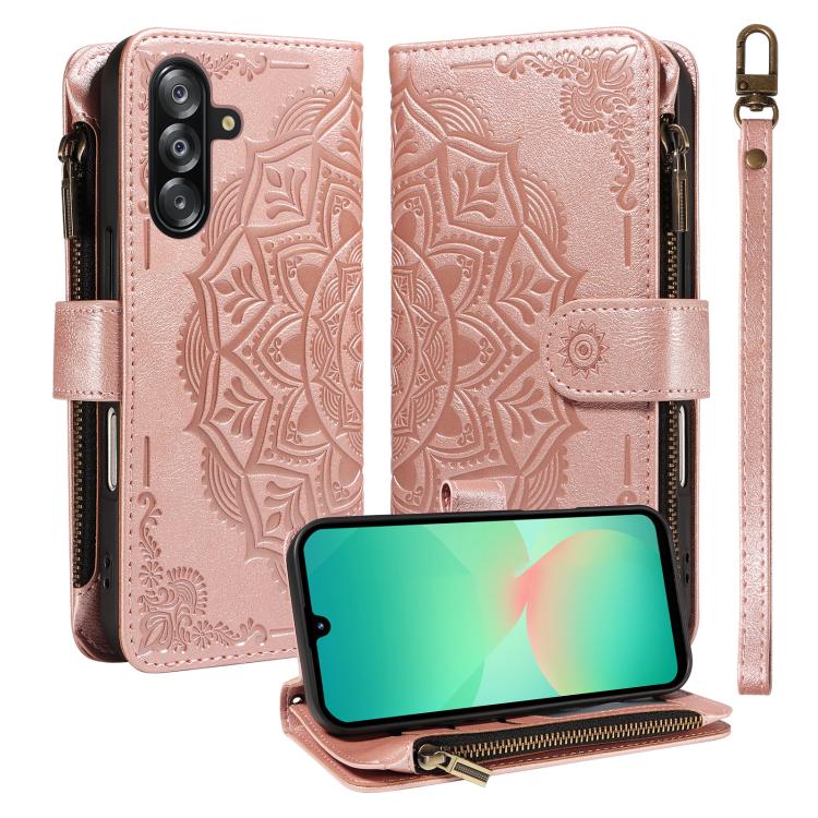 Custodia per telefono in ecopelle vegana con cerniera, protezione RFID e cordino corto, con motivo mandala in rilievo, 9 scomparti per carte e scomparto RFID., For Samsung Galaxy A26 5G / A16 4G, For Samsung Galaxy A36 5G, For Samsung Galaxy A15 5G