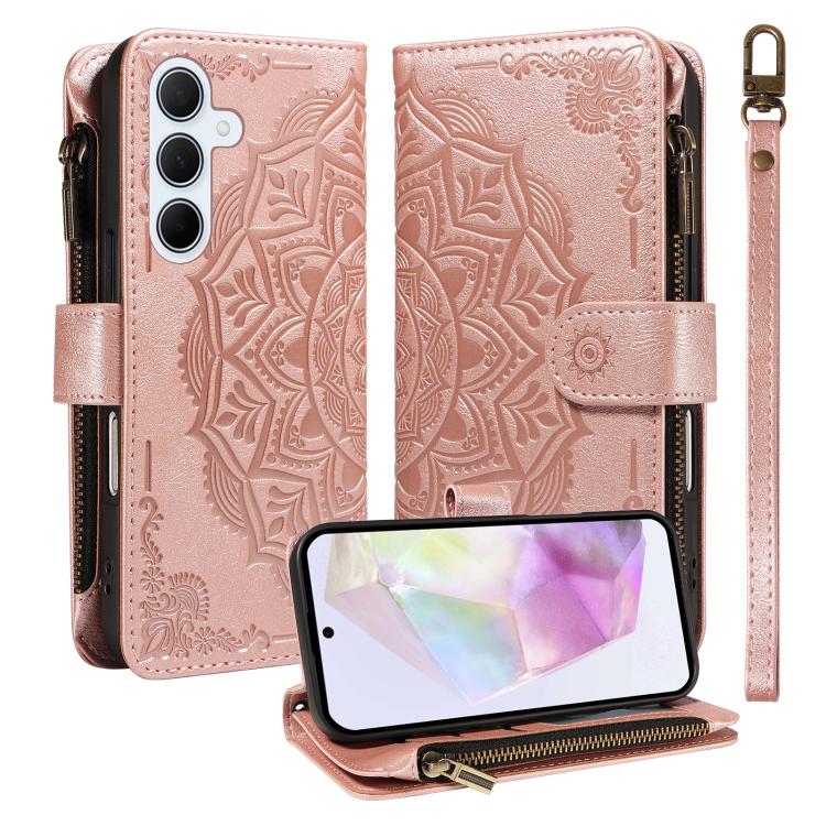 Custodia per telefono in ecopelle vegana con cerniera, protezione RFID e cordino corto, con motivo mandala in rilievo, 9 scomparti per carte e scomparto RFID., For Samsung Galaxy A35 5G, For Samsung Galaxy A05, For Samsung Galaxy A05s