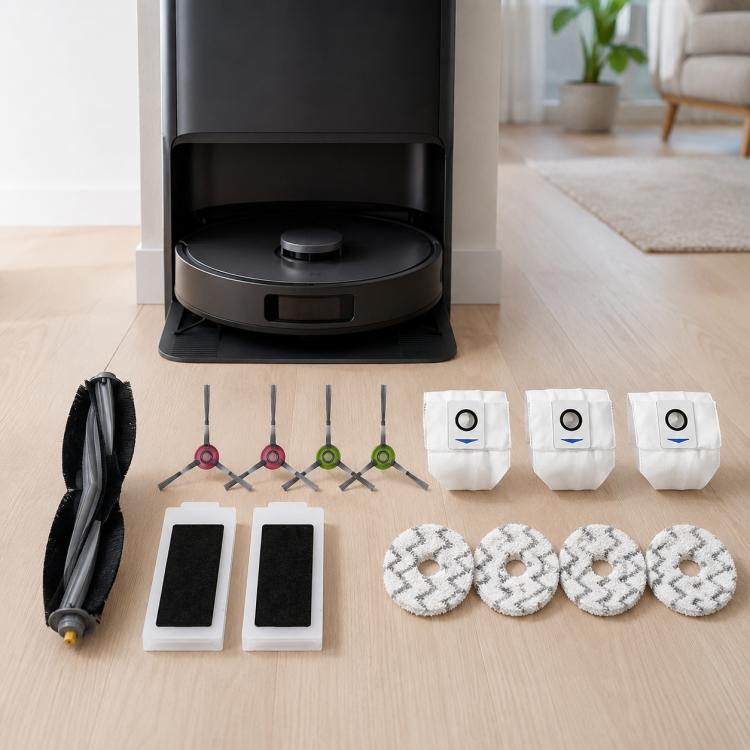 Per i ricambi di Ecovacs DEEBOT T20 Pro / T20 Max / T20, 14pcs Combo, Main Brush, Activated Carbon Filter, Dual White Side Brush, Dual Grey Side Brush, Mop Pad Holder, Dust Bag, Activated Carbon Dust Bag, White Mop Pad, Grey Mop Pad
