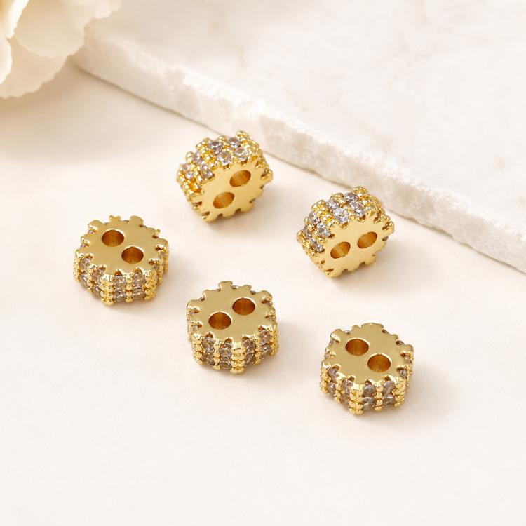 Confezione da 5 perline distanziatrici con foro e zirconi incastonati, placcate in oro, per la creazione di gioielli fai da te., Dual-Hole Snowflake Bead, Snowflake Bow Diamond Bead, Hexagonal Zircon Bead 8mm, 2-row Diamond Pig Nose Oval