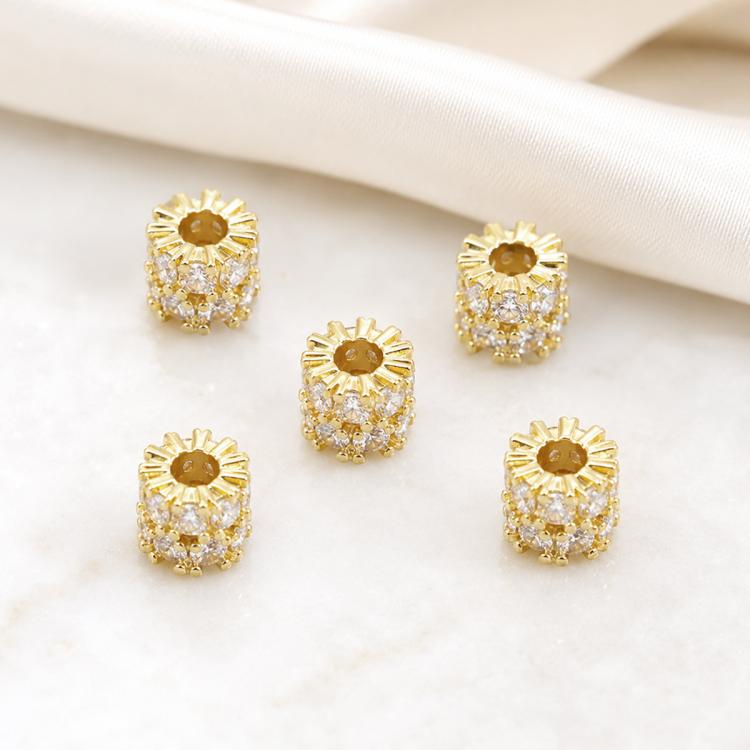 Confezione da 5 perline distanziatrici con foro e zirconi incastonati, placcate in oro, per la creazione di gioielli fai da te., Dual-Row Zircon 9mm, Wheel Bead 3.3x8.1x5mm, Horse-eye Zircon Bead 3.45x7.6x5mm, Cross Bead 5.6mm Hole 1.35mm