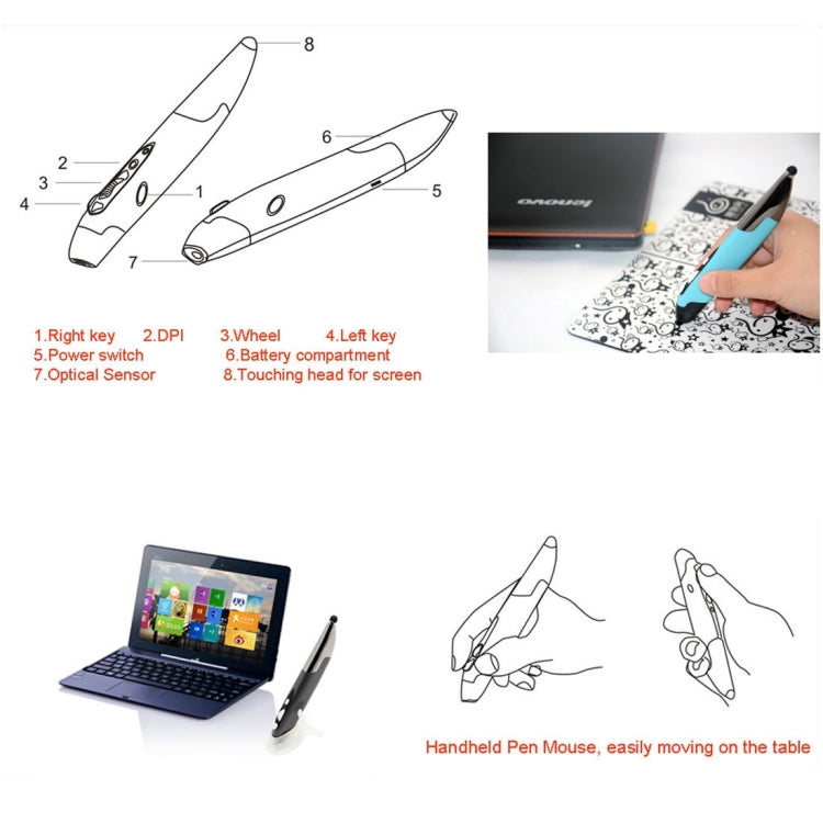 Mouse intelligente wireless portatile in stile penna da 2,4 GHz per PC portatile, Red, Blue, Grey
