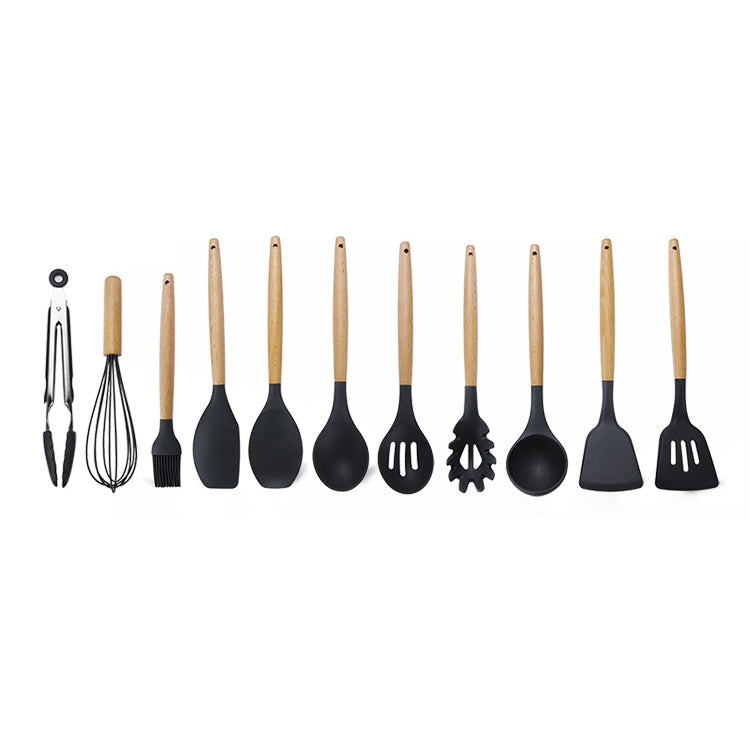 kn020 Set di utensili da cucina con cucchiaio spatola antiaderente in silicone 11 in 1 con manico in legno, 11 in 1