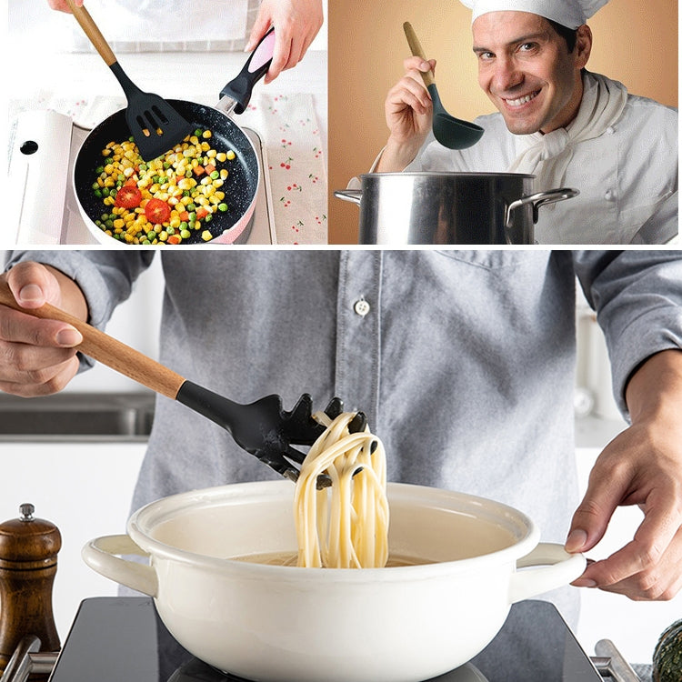 kn020 Set di utensili da cucina con cucchiaio spatola antiaderente in silicone 11 in 1 con manico in legno, 11 in 1