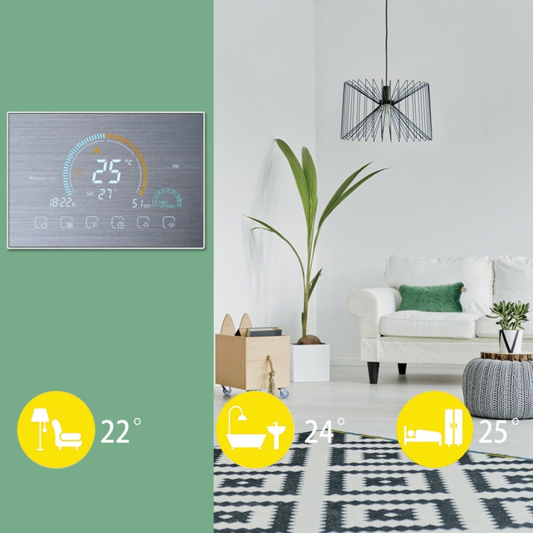 BHT-8000-GCLW-SS Brushed Stainless Steel Mirror Water/Gas Boiler Heating Control Energy Saving and Environmentally Friendly Smart Home Negative Display LCD Screen Round Room Thermostat with WiFi, with WiFi