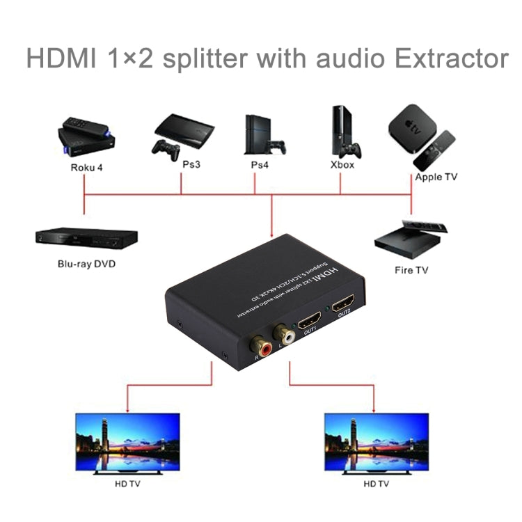 Splitter HDMI 1x2 con estrattore audio, supporto 5.1CH/2CH, 4Kx2K, 3D, 4Kx2K with Audio Extractor