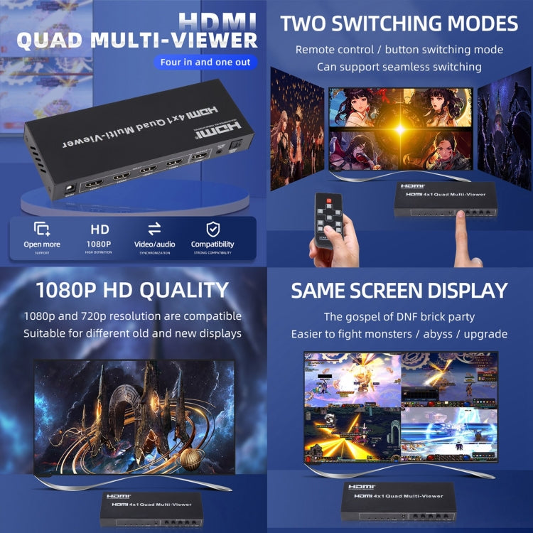 4 in 1 uscita HDMI Quad Multi-viewer con commutatore senza interruzioni, spina europea, 4 x 1, EU Plug, 4 x 1, AU Plug, 4 x 1, UK Plug, 4 x 1, US Plug