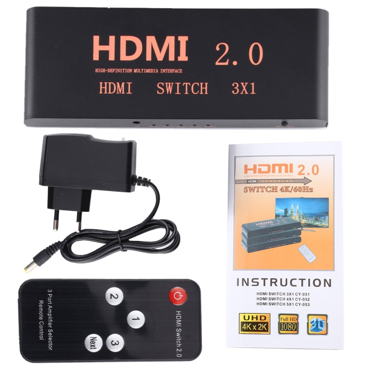 Switch HDMI 2.0 3X1 4K/60Hz con telecomando, spina europea, 3X1