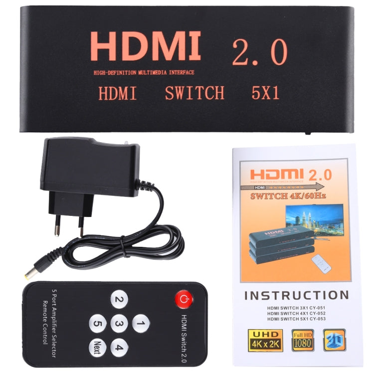 Switch HDMI 2.0 5X1 4K/60Hz con telecomando, spina europea, 5X1