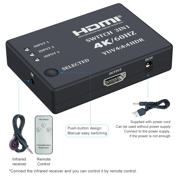 Switcher HDMI video HD 3 in 1 uscita 4K 60Hz con telecomando a infrarossi, with Infrared Remote Control