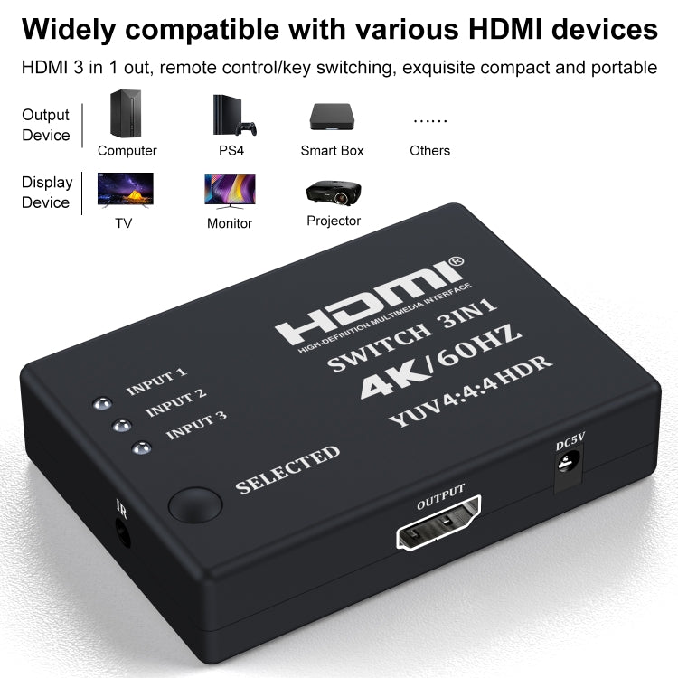 Switcher HDMI video HD 3 in 1 uscita 4K 60Hz con telecomando a infrarossi, with Infrared Remote Control