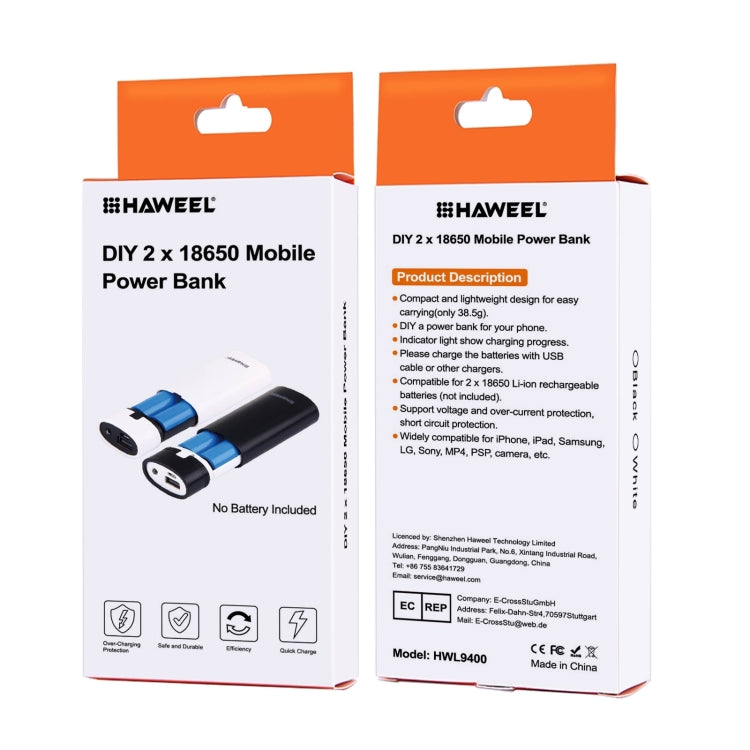 HAWEEL DIY 2x 18650 Batteria (non inclusa) 5600mAh Power Bank Shell Box con uscita USB e indicatore, DIY 2 Batteries(Black), DIY 2 Batteries(White)