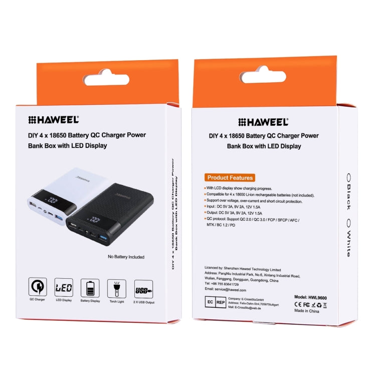 HAWEEL DIY 4x 18650 Batteria (Non Inclusa) Caricatore QC a doppia via da 12000mAh Power Bank Shell Box con 2x Uscite e Display USB, Supporto QC 2.0 / QC 3.0 / FCP / SFCP / AFC / MTK / BC 1.2 / PD, DIY 4x 18650 Batteries 12000mAh