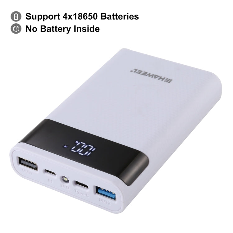 HAWEEL DIY 4x 18650 Batteria (Non Inclusa) Caricatore QC a doppia via da 12000mAh Power Bank Shell Box con 2x Uscite e Display USB, Supporto QC 2.0 / QC 3.0 / FCP / SFCP / AFC / MTK / BC 1.2 / PD, DIY 4x 18650 Batteries 12000mAh