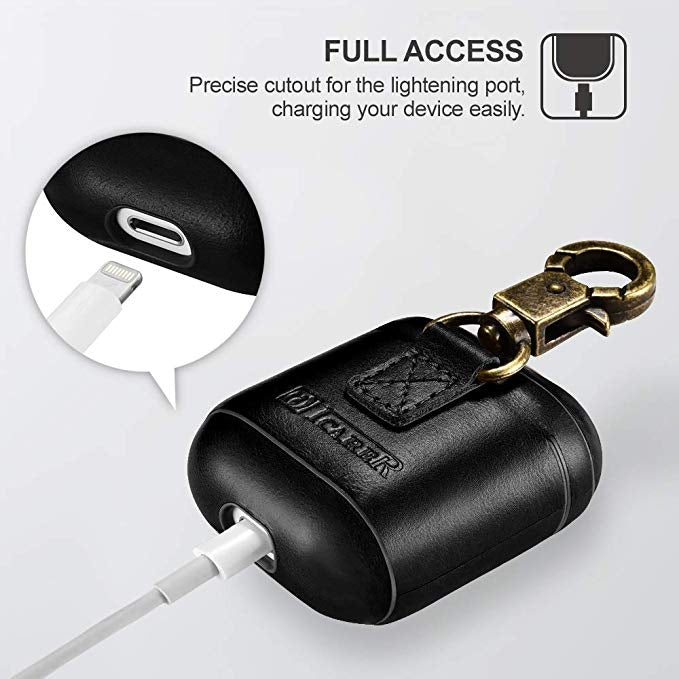 ICARER Custodia protettiva per scatola di ricarica per auricolari wireless anti-smarrimento in pelle di vacchetta per Apple AirPods 1/2, con chiusura, with Clasp Brown, with Clasp Black), with Clasp Khaki, with Clasp Red