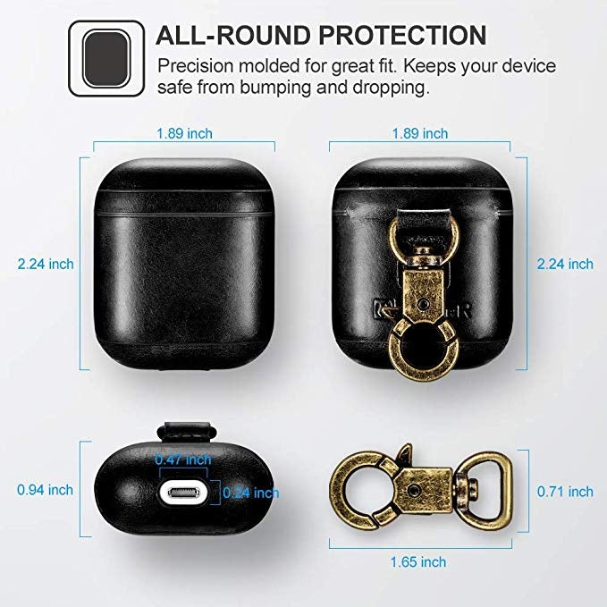 ICARER Custodia protettiva per scatola di ricarica per auricolari wireless anti-smarrimento in pelle di vacchetta per Apple AirPods 1/2, con chiusura, with Clasp Brown, with Clasp Black), with Clasp Khaki, with Clasp Red