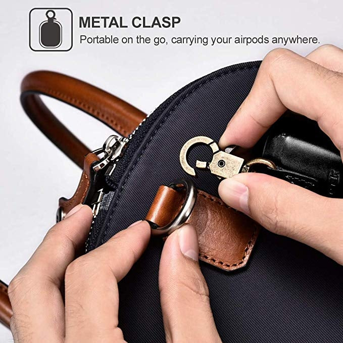 ICARER Custodia protettiva per scatola di ricarica per auricolari wireless anti-smarrimento in pelle di vacchetta per Apple AirPods 1/2, con chiusura, with Clasp Brown, with Clasp Black), with Clasp Khaki, with Clasp Red