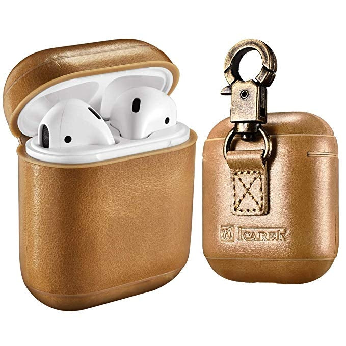 ICARER Custodia protettiva per scatola di ricarica per auricolari wireless anti-smarrimento in pelle di vacchetta per Apple AirPods 1/2, con chiusura, with Clasp Brown, with Clasp Black), with Clasp Khaki, with Clasp Red