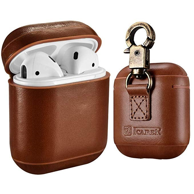 ICARER Custodia protettiva per scatola di ricarica per auricolari wireless anti-smarrimento in pelle di vacchetta per Apple AirPods 1/2, con chiusura, with Clasp Brown, with Clasp Black), with Clasp Khaki, with Clasp Red