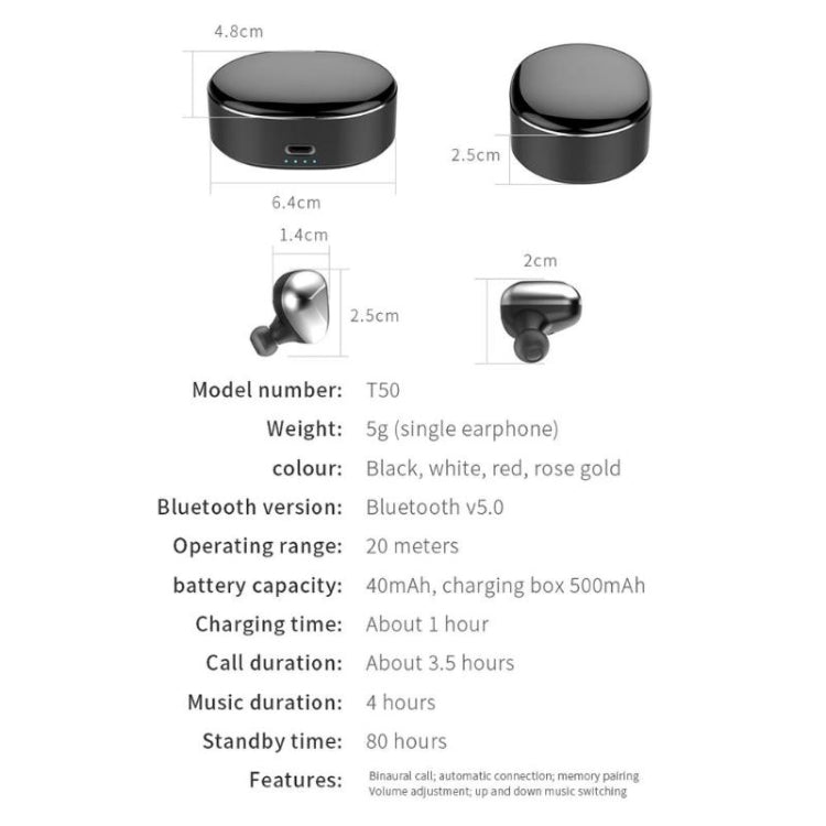 Cuffie Bluetooth wireless T50 6D con cancellazione del rumore Bluetooth V5.0, supporto chiamate binaurali