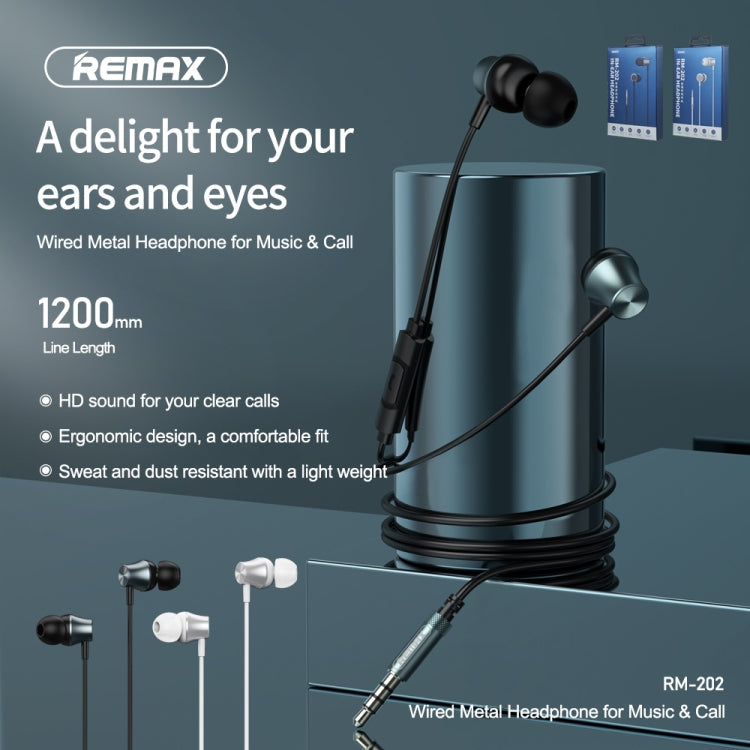 REMAX RM-202 Auricolare stereo in-ear per musica in metallo con controllo via cavo + microfono, supporto vivavoce