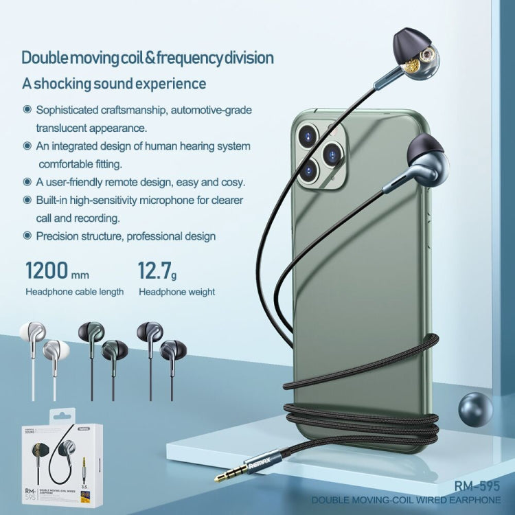 REMAX RM-595 Auricolare musicale in metallo stereo a doppia azione con perno dorato da 3,5 mm con controllo via cavo + microfono, supporto vivavoce