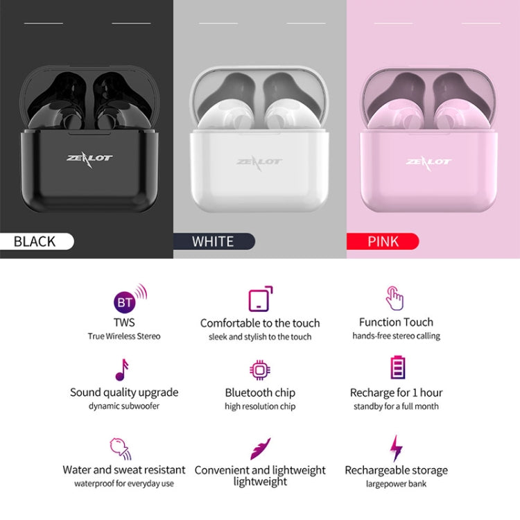 ZEALOT T3 Bluetooth 5.0 TWS Auricolare Bluetooth wireless con scatola di ricarica, supporto touch, chiamate e display di alimentazione