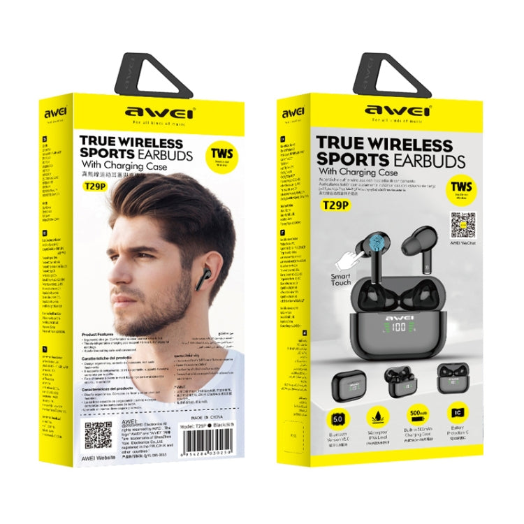awei T29P Bluetooth V5.0 LED Display digitale Ture Wireless Sports IPX4 Auricolare TWS impermeabile con custodia di ricarica