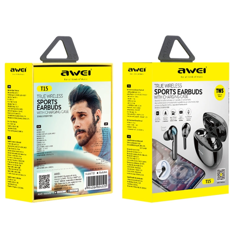 Awei T15 TWS Bluetooth V5.0 Ture Auricolare sportivo wireless con custodia di ricarica, T15