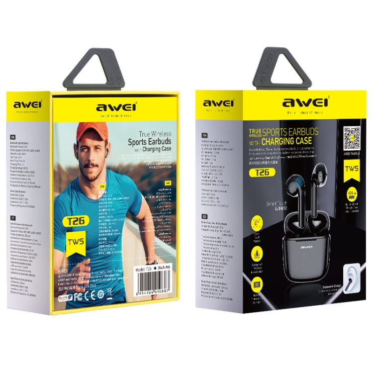 Awei T26 TWS Bluetooth V5.0 Ture Auricolare sportivo wireless con custodia di ricarica, T26 Pro