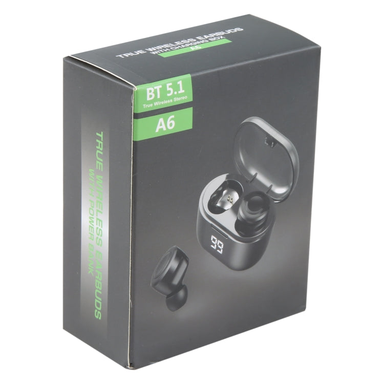 Auricolare Bluetooth wireless A6 Bluetooth 5.0 con scatola di ricarica, A6 Black