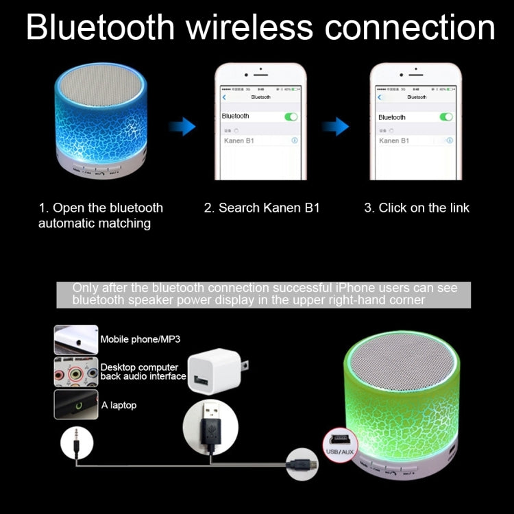 Mini altoparlante stereo Bluetooth portatile Glare Crack A9 con luce LED, microfono integrato, supporto chiamate in vivavoce e scheda TF
