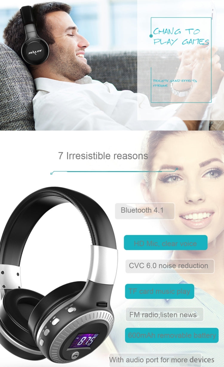 Zealot B19 Auricolare musicale stereo Bluetooth con archetto pieghevole con display per iPhone, Galaxy, Huawei, Xiaomi, LG, HTC e altri smartphone