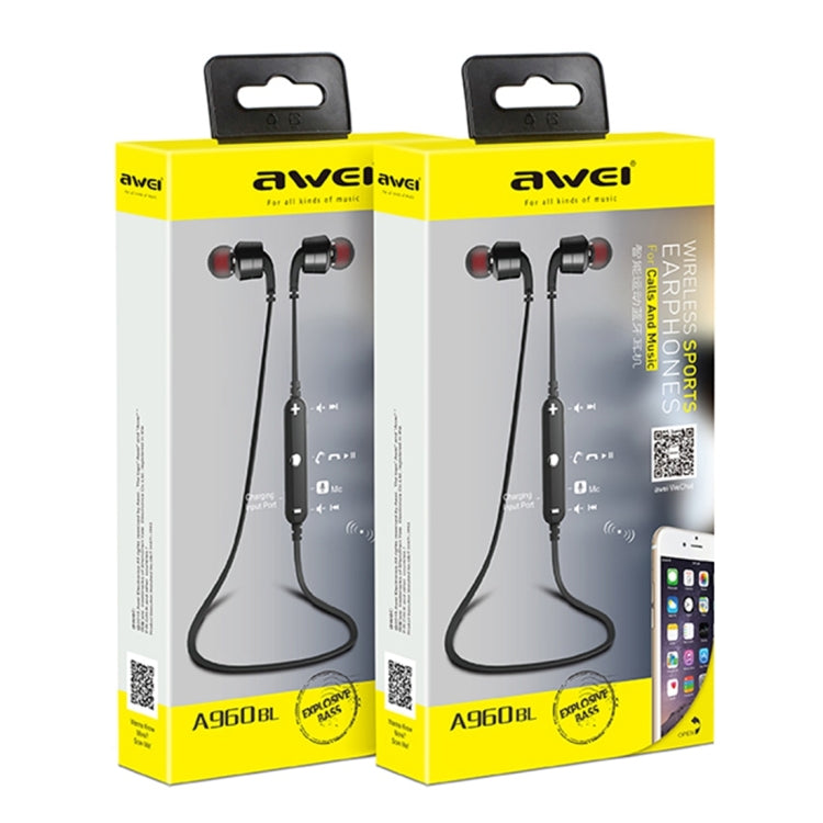 Auricolare Bluetooth sportivo wireless AWEI A960BL con controllo via cavo, supporto per chiamate in vivavoce