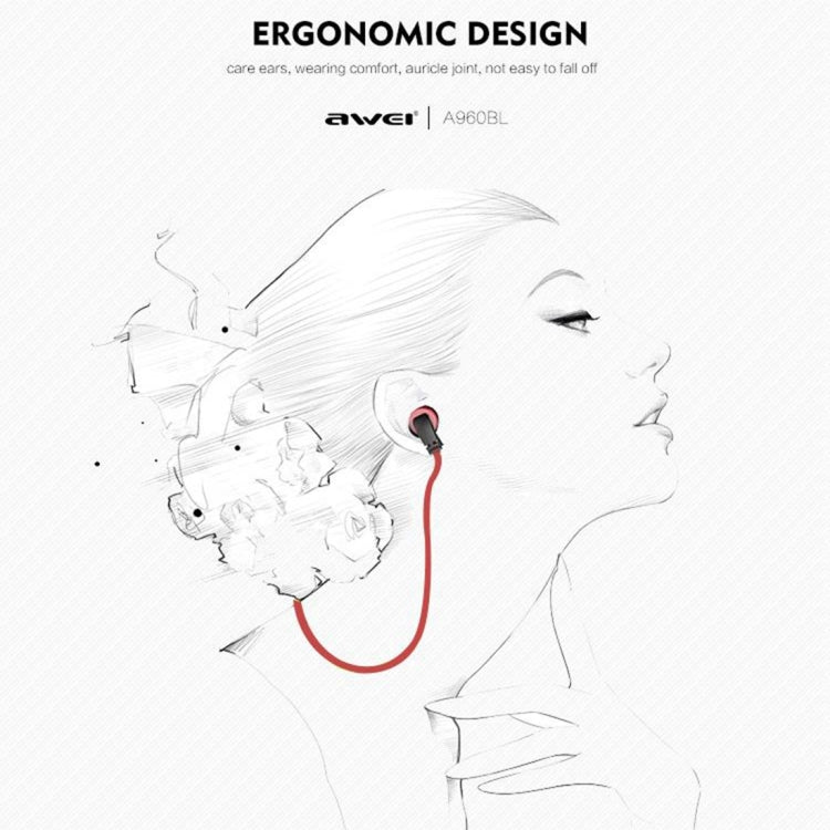 Auricolare Bluetooth sportivo wireless AWEI A960BL con controllo via cavo, supporto per chiamate in vivavoce