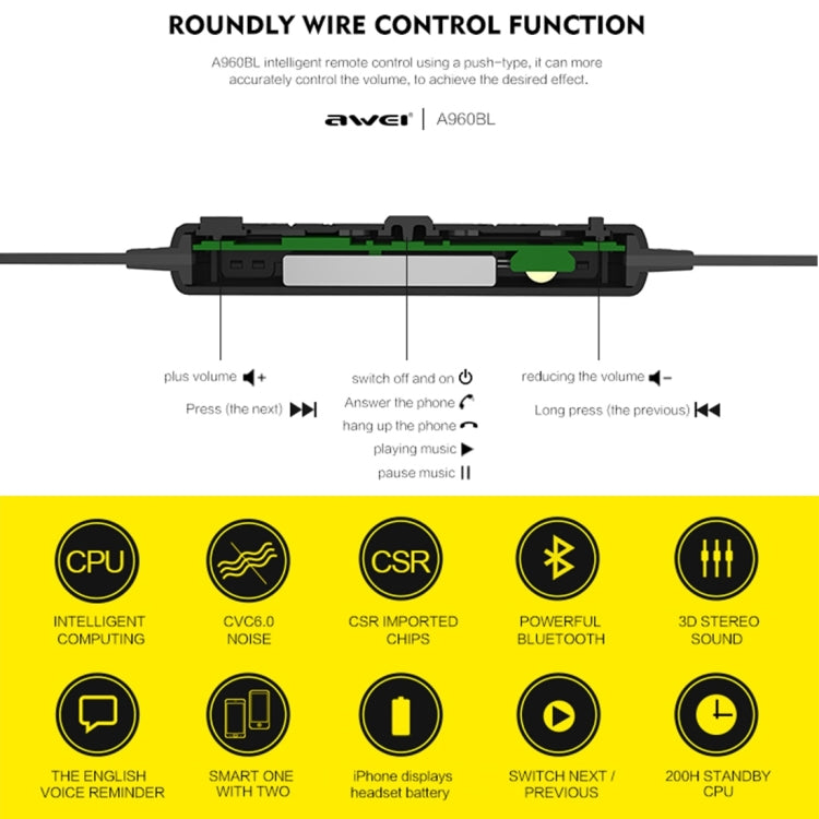 Auricolare Bluetooth sportivo wireless AWEI A960BL con controllo via cavo, supporto per chiamate in vivavoce