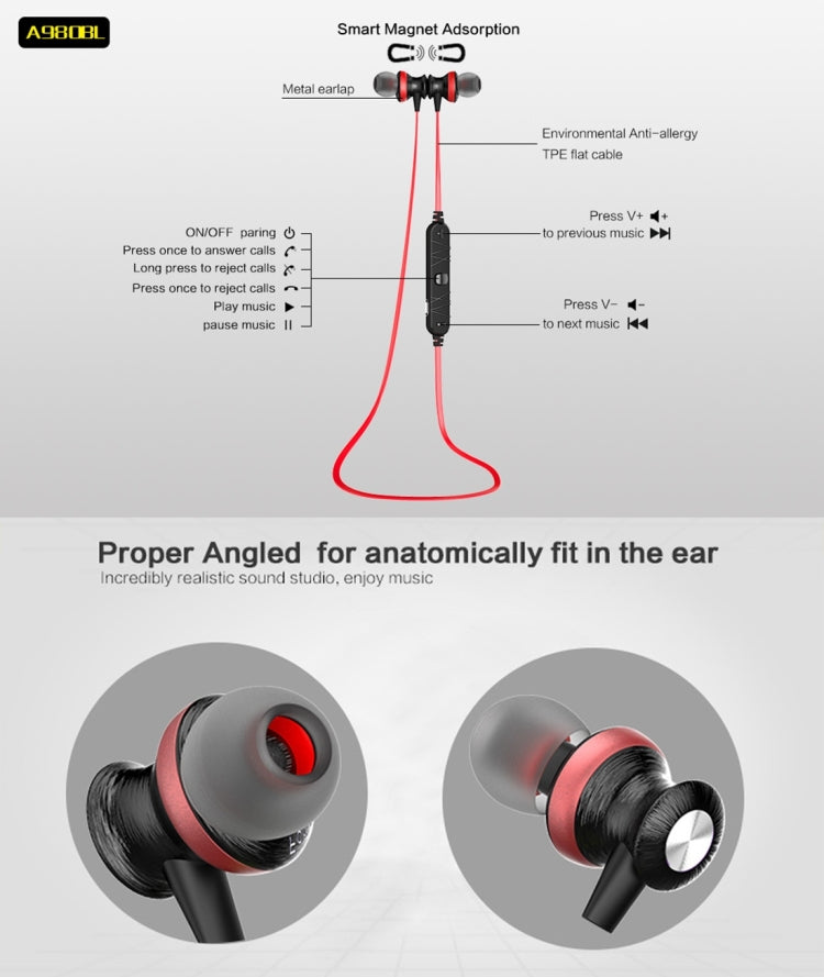 Auricolare Bluetooth magnetico sportivo wireless AWEI A980BL con controllo via cavo, supporto per chiamate in vivavoce