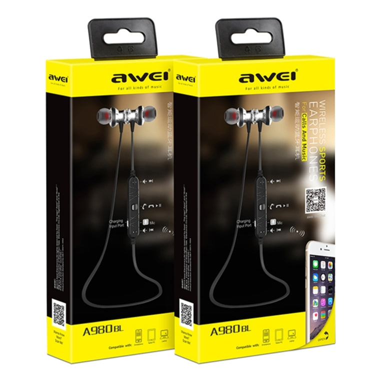Auricolare Bluetooth magnetico sportivo wireless AWEI A980BL con controllo via cavo, supporto per chiamate in vivavoce
