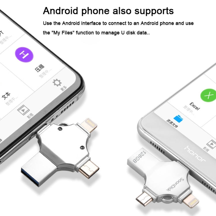 Unità flash USB 3.0 + 8 pin 4 in 1 da 128 GB + Mirco USB + USB-C / Type-C a doppio uso con funzione OTG, 128GB