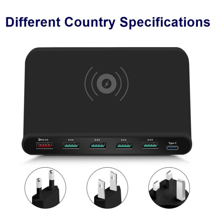 Interfaccia USB QC 3.0 da 828 W 7 in 1 60 W + 4 porte USB + interfaccia USB-C / Type-C + caricabatterie multifunzione con ricarica wireless con funzione di supporto per telefono cellulare, spina AU, AU Plug Black, AU Plug White