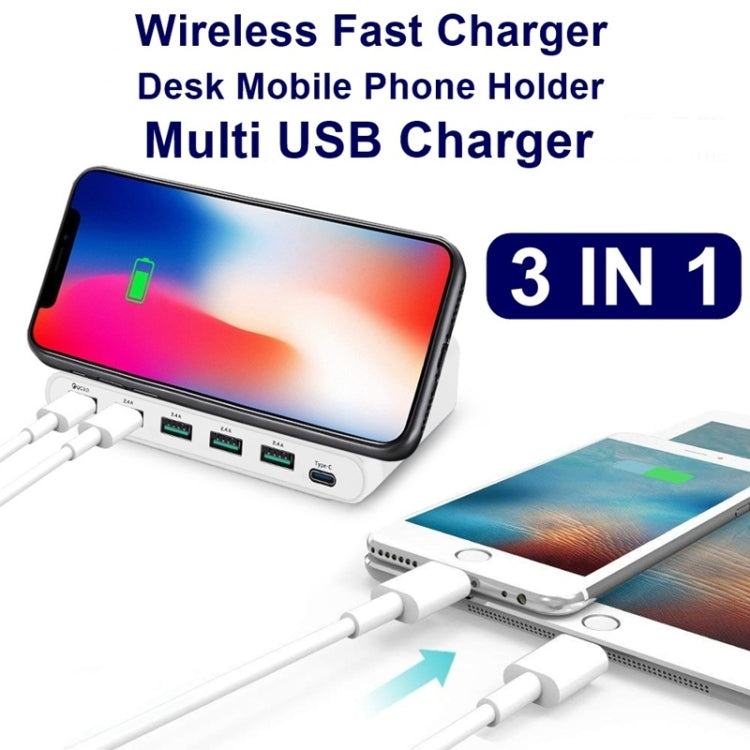 Interfaccia USB QC 3.0 da 828 W 7 in 1 60 W + 4 porte USB + interfaccia USB-C / Type-C + caricabatterie multifunzione con ricarica wireless con funzione di supporto per telefono cellulare, spina AU, AU Plug Black, AU Plug White