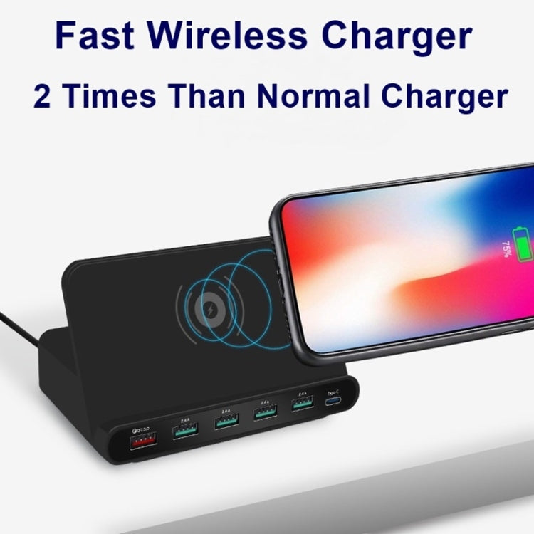 Interfaccia USB QC 3.0 da 828 W 7 in 1 60 W + 4 porte USB + interfaccia USB-C / Type-C + caricabatterie multifunzione con ricarica wireless con funzione di supporto per telefono cellulare, spina AU, AU Plug Black, AU Plug White