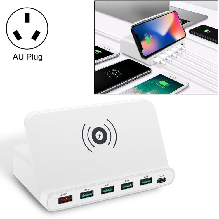 Interfaccia USB QC 3.0 da 828 W 7 in 1 60 W + 4 porte USB + interfaccia USB-C / Type-C + caricabatterie multifunzione con ricarica wireless con funzione di supporto per telefono cellulare, spina AU, AU Plug Black, AU Plug White