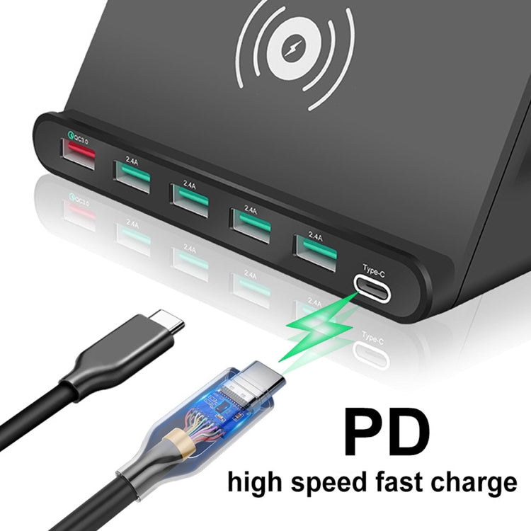 Interfaccia USB QC 3.0 828 W 7 in 1 60 W + 4 porte USB + interfaccia USB-C/Type-C + caricabatterie multifunzione con ricarica wireless con funzione di supporto per telefono cellulare, presa UK, UK Plug Black, UK Plug White