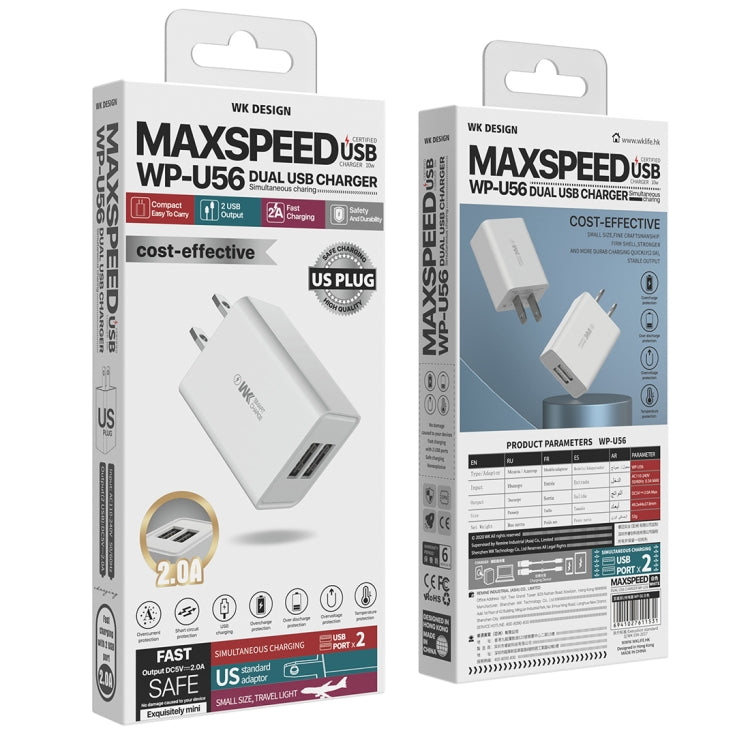 Adattatore di alimentazione per caricabatterie da viaggio a ricarica rapida Dual USB WK WP-U56 2A, presa americana, US Plug