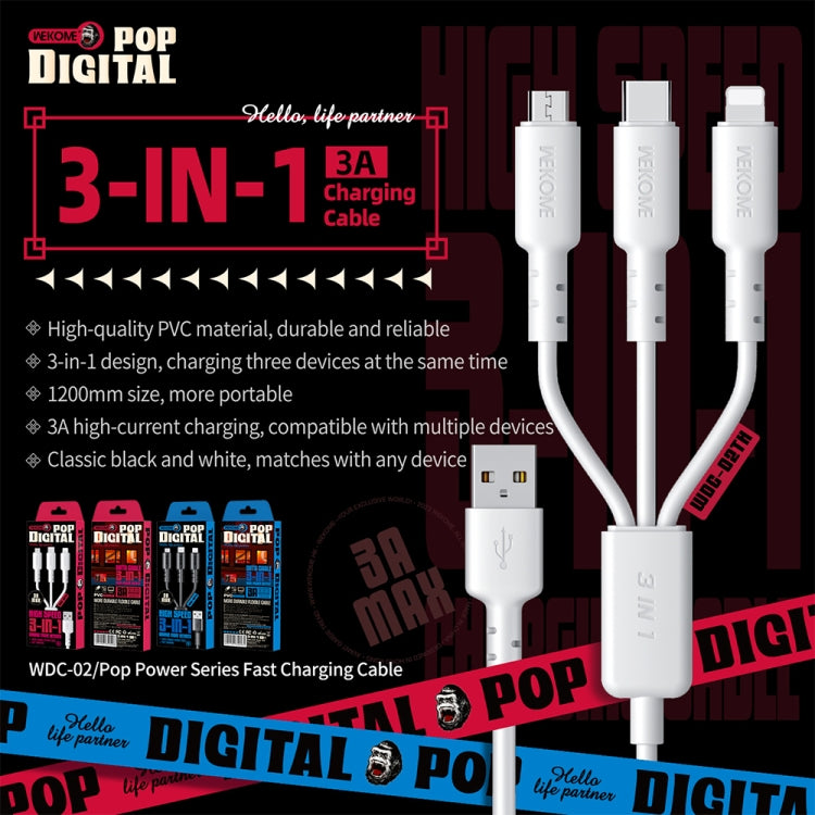 WEKOME WDC-02 Tidal Energy Series 3A USB a 8 Pin+Type-C+Micro USB 3 in 1 Cavo dati in PVC, Lunghezza: 1,2 m