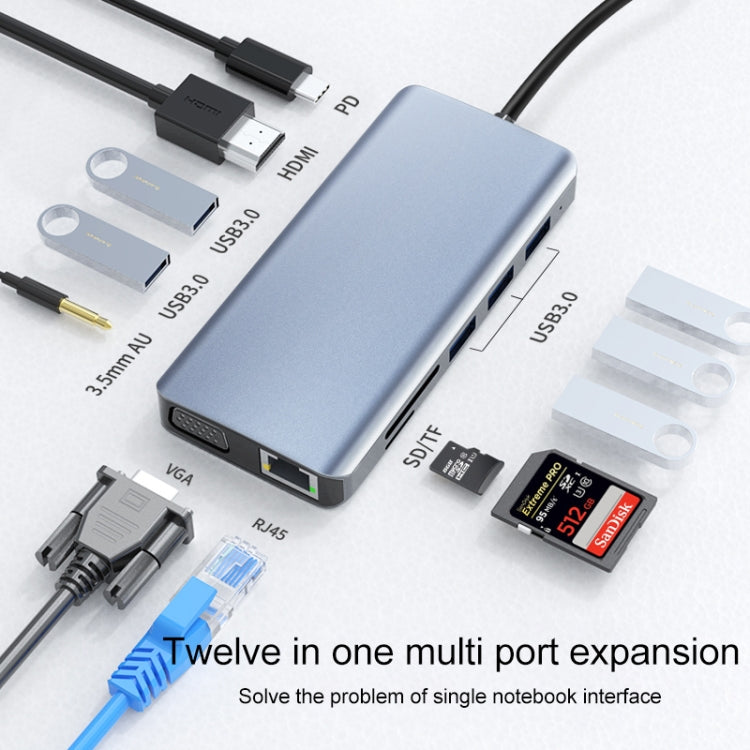 RJ45 12 in 1 + PD da 100 W + SD/TF + USB 3.0x5+ HDMI + VGA + adattatore HUB da 3,5 mm ad AUX di tipo C, 12 in 1