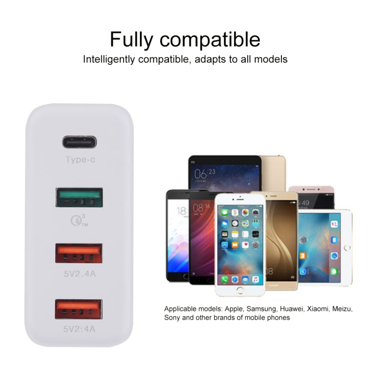 A3P 3A Uscita massima USB-C / Type-C + QC3.0 + Caricatore da viaggio da muro doppio USB 4 porte, presa EU, EU Plug