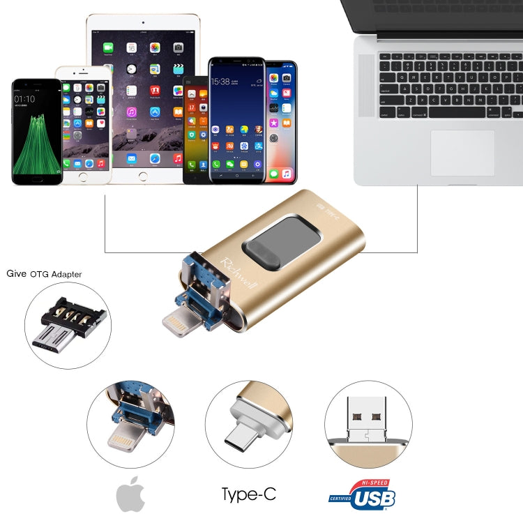 Richwell Disco flash push-pull in metallo 3 in 1 128G Type-C + 8 pin + USB 3.0 con funzione OTG
