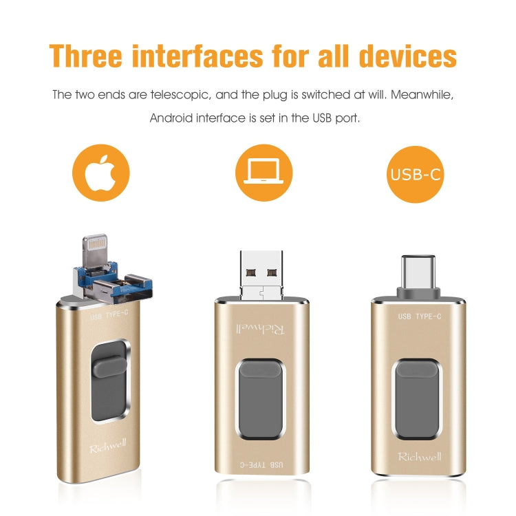 Richwell Disco flash push-pull in metallo 3 in 1 128G Type-C + 8 pin + USB 3.0 con funzione OTG